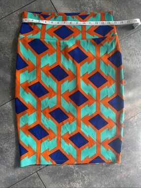 Lularoe Geometric Print Pencil Skirt | Bold Orange Blue Teal | Size M